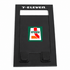 A black foldable phone stand featuring a logo on the front. The design is sleek and minimalist.