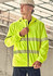 A bright yellow unisex packable rain jacket with reflective stripes, featuring a hood and a zipper.