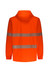 An orange packable rain jacket featuring reflective segments and a hood, with long sleeves and a logo.