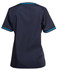 A navy scrub top featuring short sleeves and contrasting blue trim, with a logo on the back.