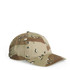 A camo cap in shades of tan and brown, featuring a military-style pattern and a logo on the side.