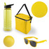 A drink bottle, a yellow cooler bag, a frisbee, a yellow ball, and yellow sunglasses are arranged together.