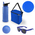 A drink bottle, a blue cooler bag, a round blue ball, a pair of blue sunglasses, and a blue plate.
