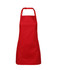 A red workwear apron featuring adjustable neck straps and a front pocket. Includes a logo.