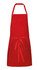 A red apron with a tie waist and adjustable neck strap, featuring a logo.
