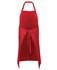A red work apron featuring a tie closure and adjustable neck strap, with a logo displayed.