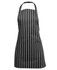 A black apron with white stripes and an adjustable neck strap, featuring a front pocket and a branded logo.