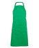 A green apron with an adjustable neck strap and a front pocket, featuring a logo.