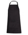 A black work apron featuring a front pocket and an adjustable neck strap. Includes a logo.