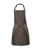 A brown workwear apron featuring an adjustable neck strap and waist ties, with a logo on it.