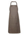 A khaki-coloured workwear apron featuring a front pocket and an adjustable neck strap. It has a logo on it.