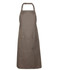 A brown work apron featuring a front pocket and an adjustable neck strap. It includes a logo.