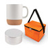 An espresso coffee cup with a cork base, a portable speaker, and an orange insulated tote bag.