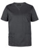 A grey unisex premium scrub top with short sleeves and a pocket. Features a logo on the side.