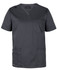 A dark grey unisex scrub top featuring a v-neck, short sleeves, and multiple pockets. It has a branding logo.