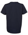 A unisex scrub top in navy blue featuring a simple design and a logo on the back.
