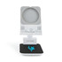 A white phone stand with a black base and a logo, designed to hold mobile devices securely.