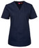 A navy blue scrub top with a V-neck design and two front pockets. It has a logo on the side.