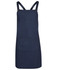 A navy blue cross back canvas apron featuring a front pocket and adjustable straps. Branding is present.
