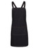 A black denim cross back apron featuring a front pocket and adjustable straps. It has a simple logo detail.