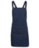 A dark blue denim apron with cross back straps and a front pocket, featuring metal buttons.
