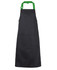 A black apron with a green strap and a front pocket, featuring a logo.