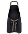 A black apron featuring grey straps and a tie waist, ideal for workwear. Includes a branding logo.