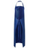 A blue vinyl apron with a tie waist and grommets, suitable for work environments. Features a logo.