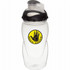 A drink bottle with a transparent body, black lid, and a logo featuring a yellow hand design.