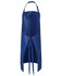 A blue vinyl bib apron featuring an adjustable neck strap and tie fastening, with a logo on the front.
