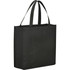 A black non-woven shopper tote bag with two sturdy handles and an open top. Features a logo.