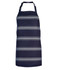 A navy blue apron with grey stripes and a halter neck. It features a logo or branding.