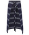 A navy blue butcher's apron with grey stripes and a tie closure, featuring a logo.