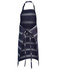 A navy striped apron with a halter neck and waist ties, featuring a logo. Suitable for workwear use.