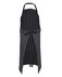 A black and white striped apron featuring a tie waist and adjustable neck strap, with a logo present.