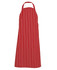 A red striped apron featuring an adjustable neck strap and a front pocket. It has a logo on the design.