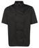 A short-sleeved black chef's jacket with a double-breasted front and a standing collar. Features a logo on the sleeve.