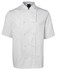 A white short-sleeve chef's jacket with a double-breasted design and a logo on the collar.