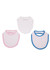 Three baby bibs in white, pink, and blue, with contrasting trims and a logo on each bib.