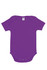 A purple baby short sleeve romper with a snap bottom and a logo on the tag.
