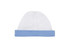 A baby cap in white with a light blue band at the bottom, featuring a simple, smooth design.