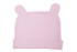 A pink beanie with rabbit ears, featuring a folded cuff and a simple design. It has a logo on the side.