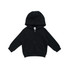 A black zip-up hoodie with a kangaroo pocket and a hood, featuring a logo. Suitable for babies.