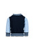 A navy and light blue babies varsity jacket with a ribbed collar and cuffs, featuring a logo on the front.