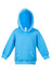 A light blue hoodie with a front pocket and a lined hood, featuring a logo.