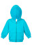 A turquoise zip hoodie with a hood and front pockets, featuring a branded label.