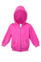 A pink zip-up hoodie with a hood and front pockets, featuring a branding label inside.