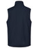 A navy men's softshell hi-tech vest featuring a high collar and a logo on the back.