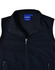 A black, softshell vest featuring a zippered front and a collar. It has a branding label inside.