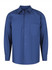 A blue men's long sleeve button-up shirt featuring a single chest pocket and a collar. It has a branding logo.